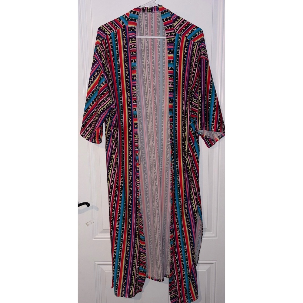 Vibrant Southwest Aztec Print Long Kimono Duster Cardigan Boho Tribal SZ UNKNOWN